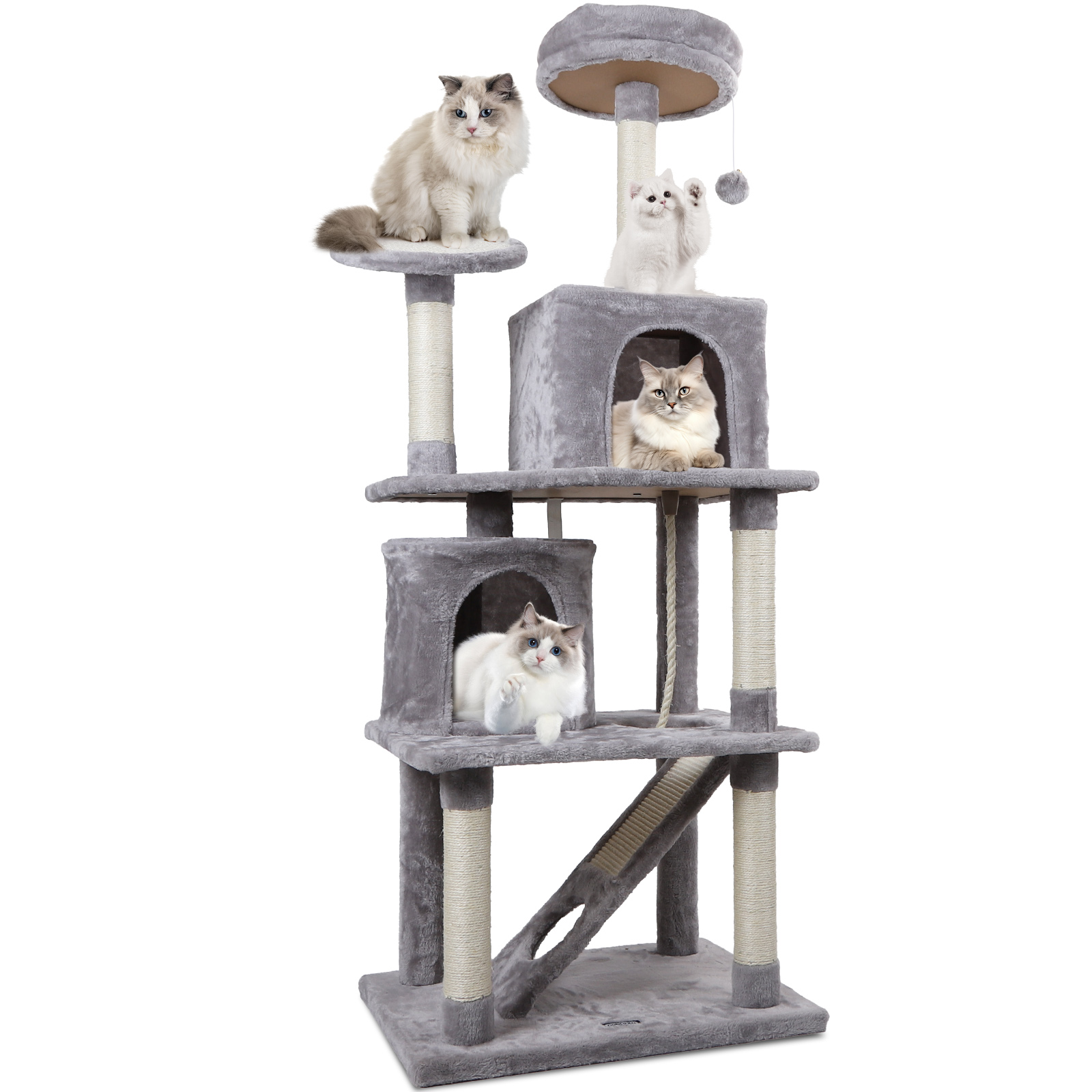 Árvore para Gatos Nobleza, 161 cm de altura, com 5 postes para arranhar, 5 plataformas, 2 tocas, 1 escada, pompom e corda de sisal.