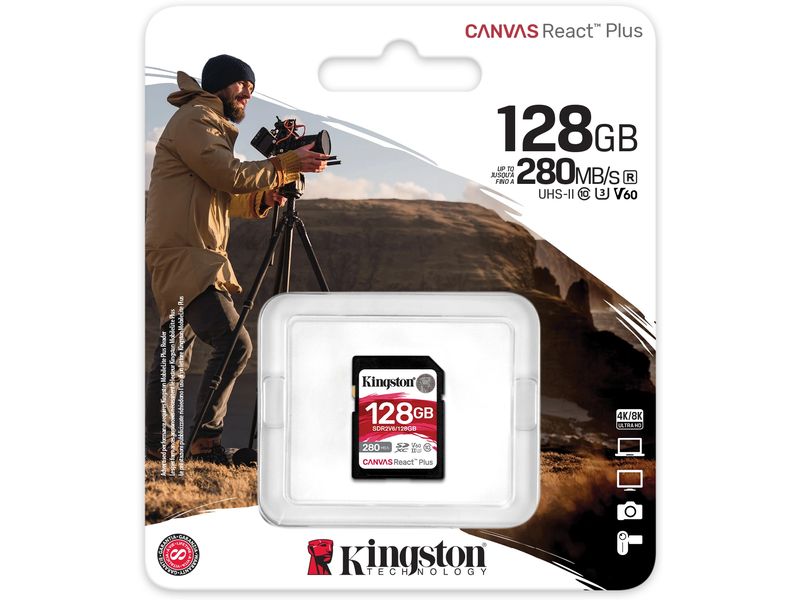 Kingston SDXC-Karte Canvas React Plus V60 128 GB V60 SD Speicherkarte für professionelle 4K-UHS-II-Kameras