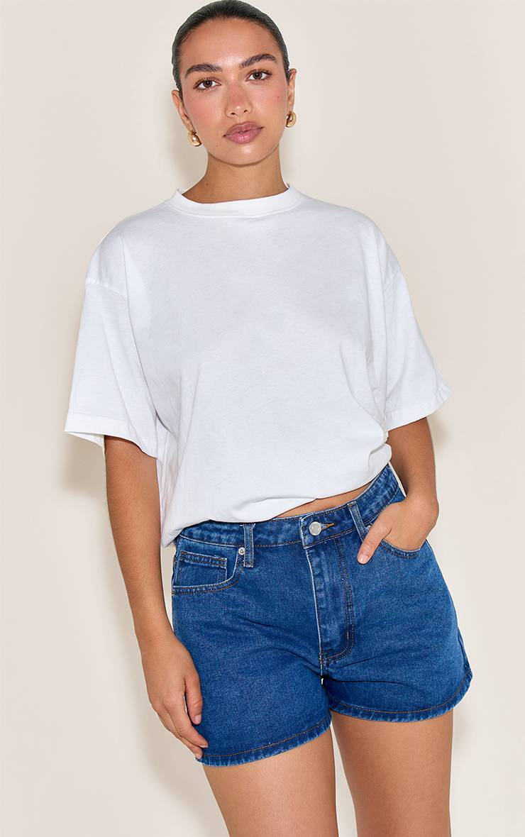 Bleu Foncé Short Mom Taille Haute À Surpiqûres Contrastantes
