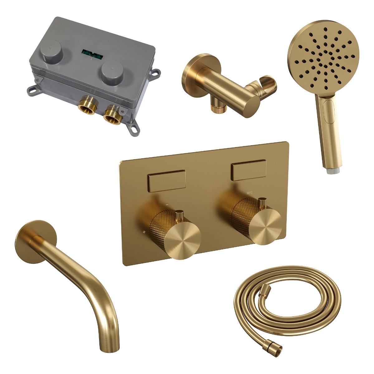 Brauer Gold Carving thermostatische inbouw badkraan met uitloop en 3 standen handdouche set 4 messing geborsteld PVD