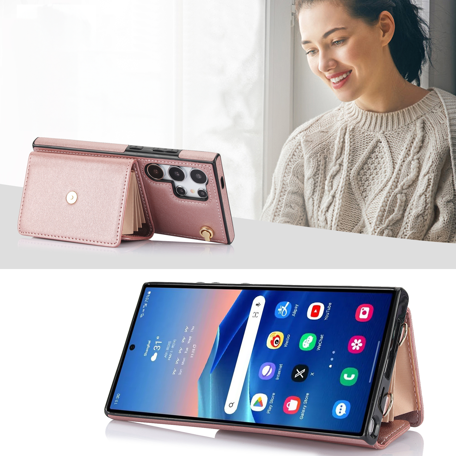 Samsung Galaxy S24 Ultra Necklace Leder Schutz Hülle mit Kartenfach   Handykette (140cm) - Roségold
