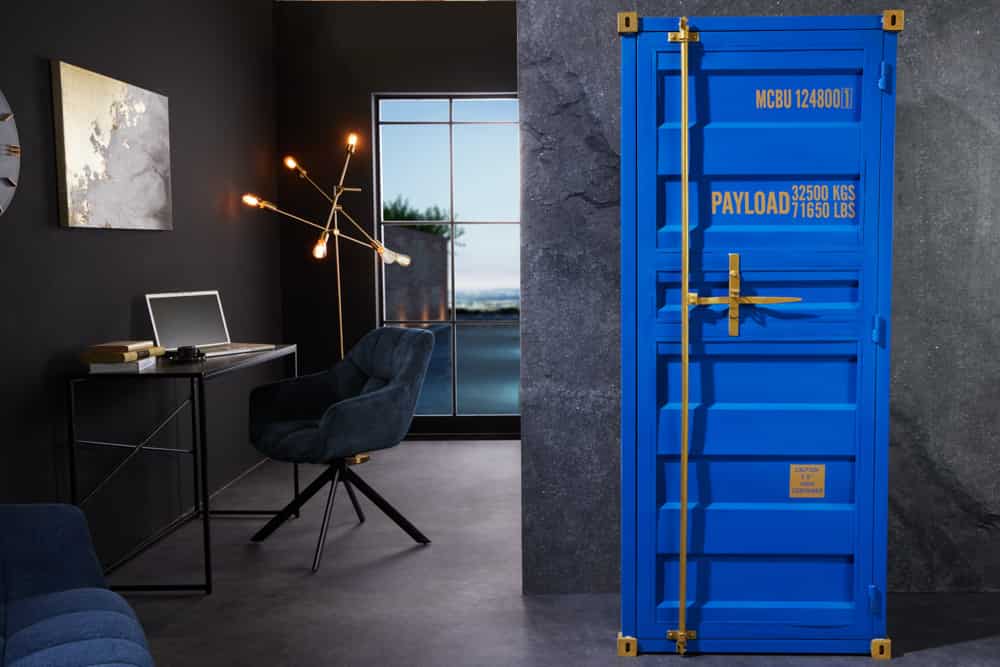 Design Aktenschrank GLOBETROTTER 180cm blau Eisen Container Upcycling Industrial