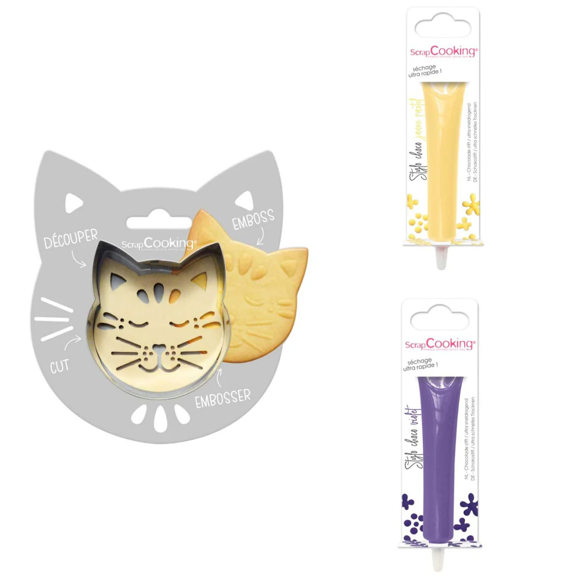 Kit pour biscuit en relief Chat + 2 Stylos au chocolat jaune pastel et