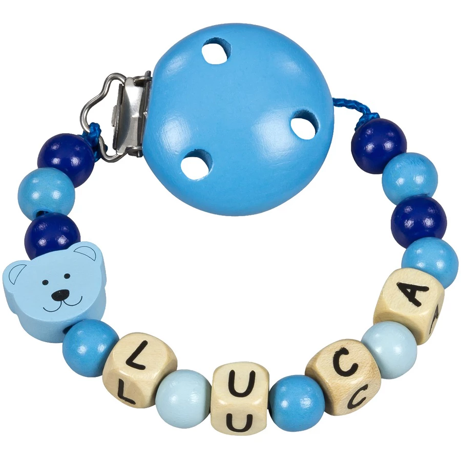Schnullireich Schnullerkette mit Namen Kleiner Bär Holz-Buchstaben Blau