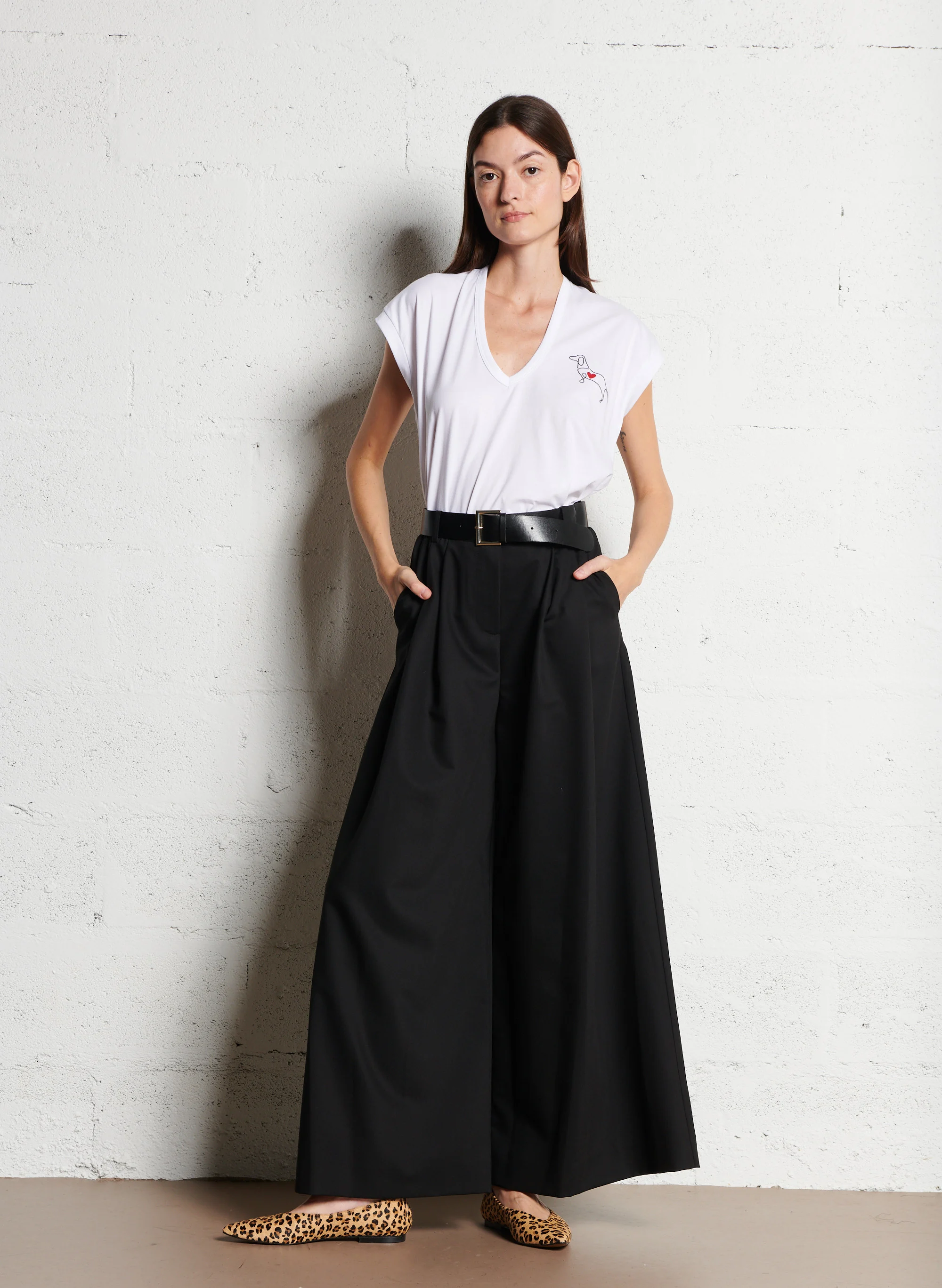 Pantalon palazzo à ceinture| Noir