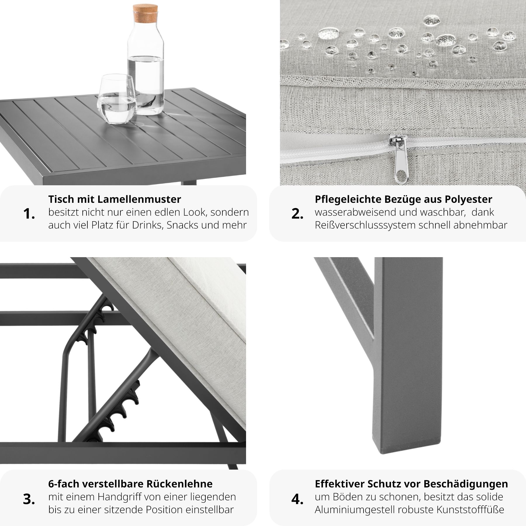 tectake® Sitzgruppe, aus Aluminium, 6-fach verstellbare Rückenlehne, bodenschonende Kunststofffüße
