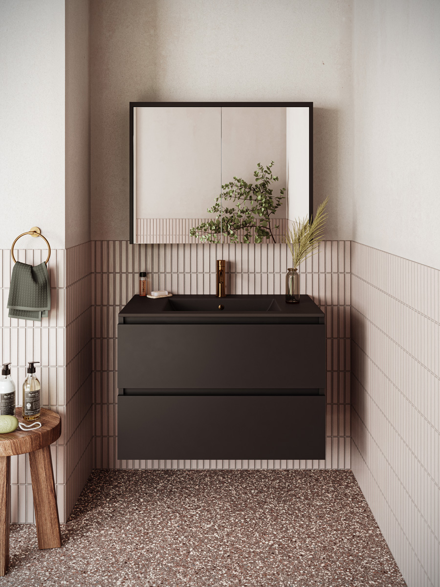Fontana Rovigo badmeubel 80cm zwart mat met zwarte wastafel met kraangat en spiegelkast zonder verlichting