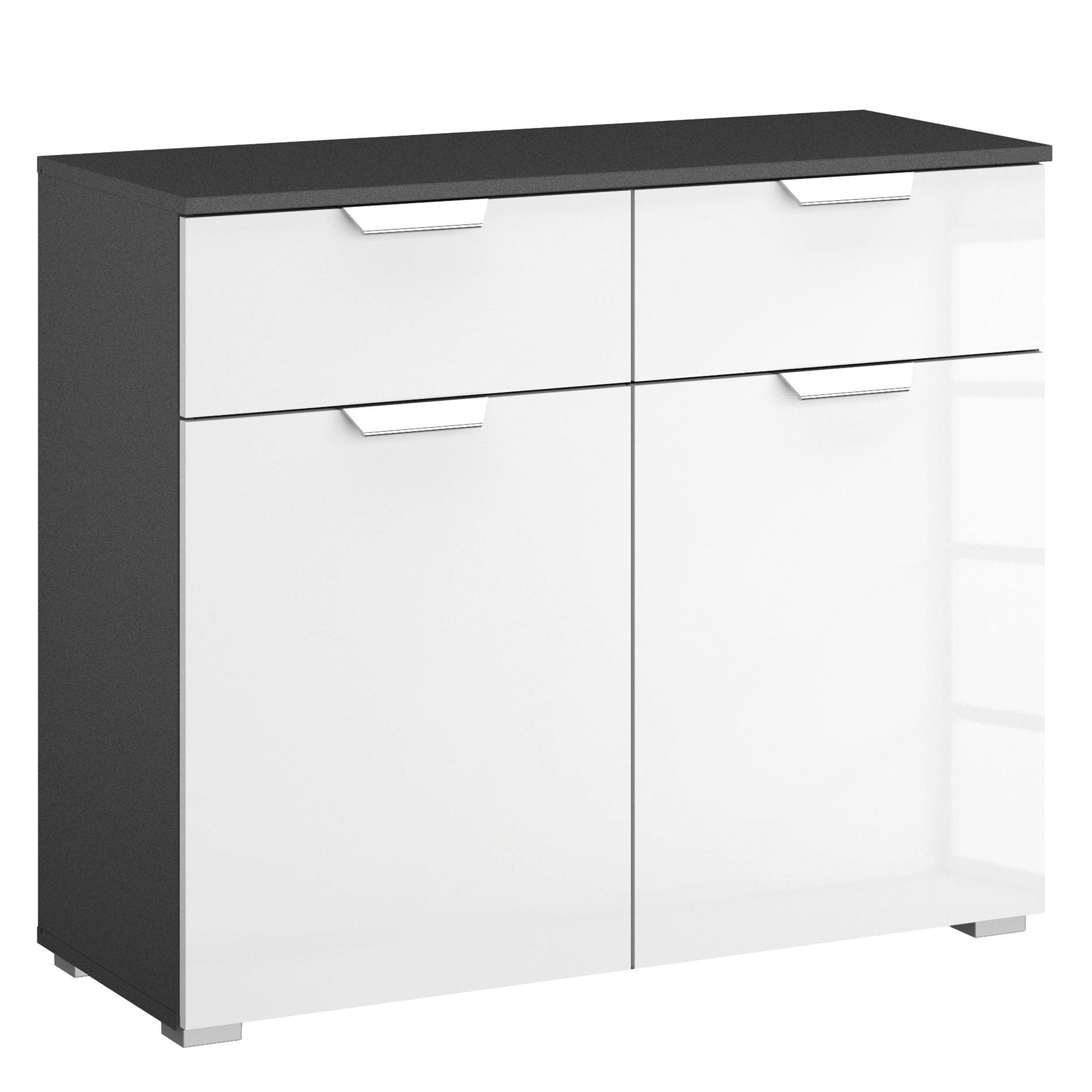 Kommode - weiß Hochglanz - grau metallic - Glasfronten - 93 cm