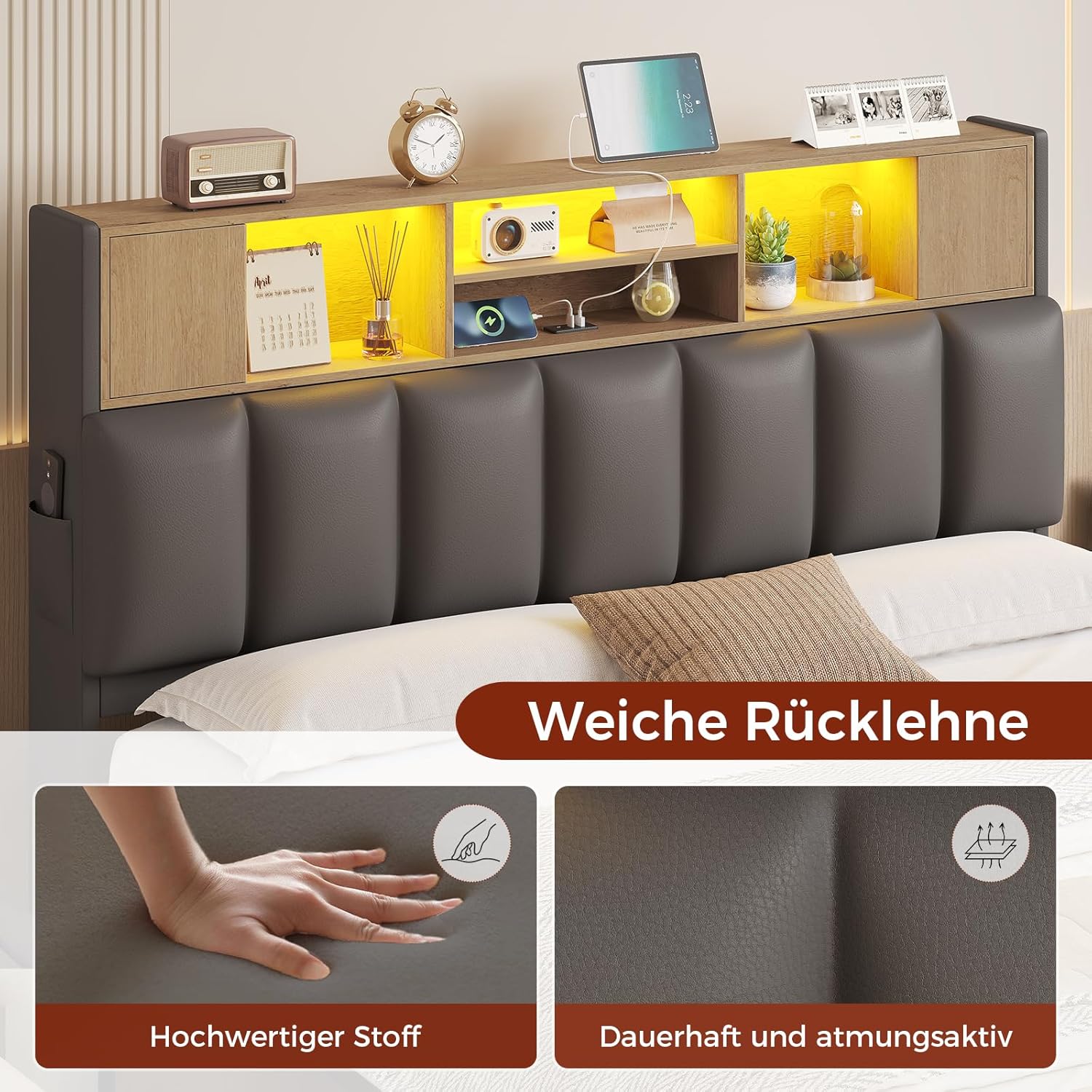 Bett 160x200 cm, Doppelbettgestell, Bett mit LED-Beleuchtung, Polsterbett, 4 Schubladen, Ladestation, Metallrahmen & Holzkopfteil mit Stauraum, für Schlafzimmer, Gästezimmer, Grau