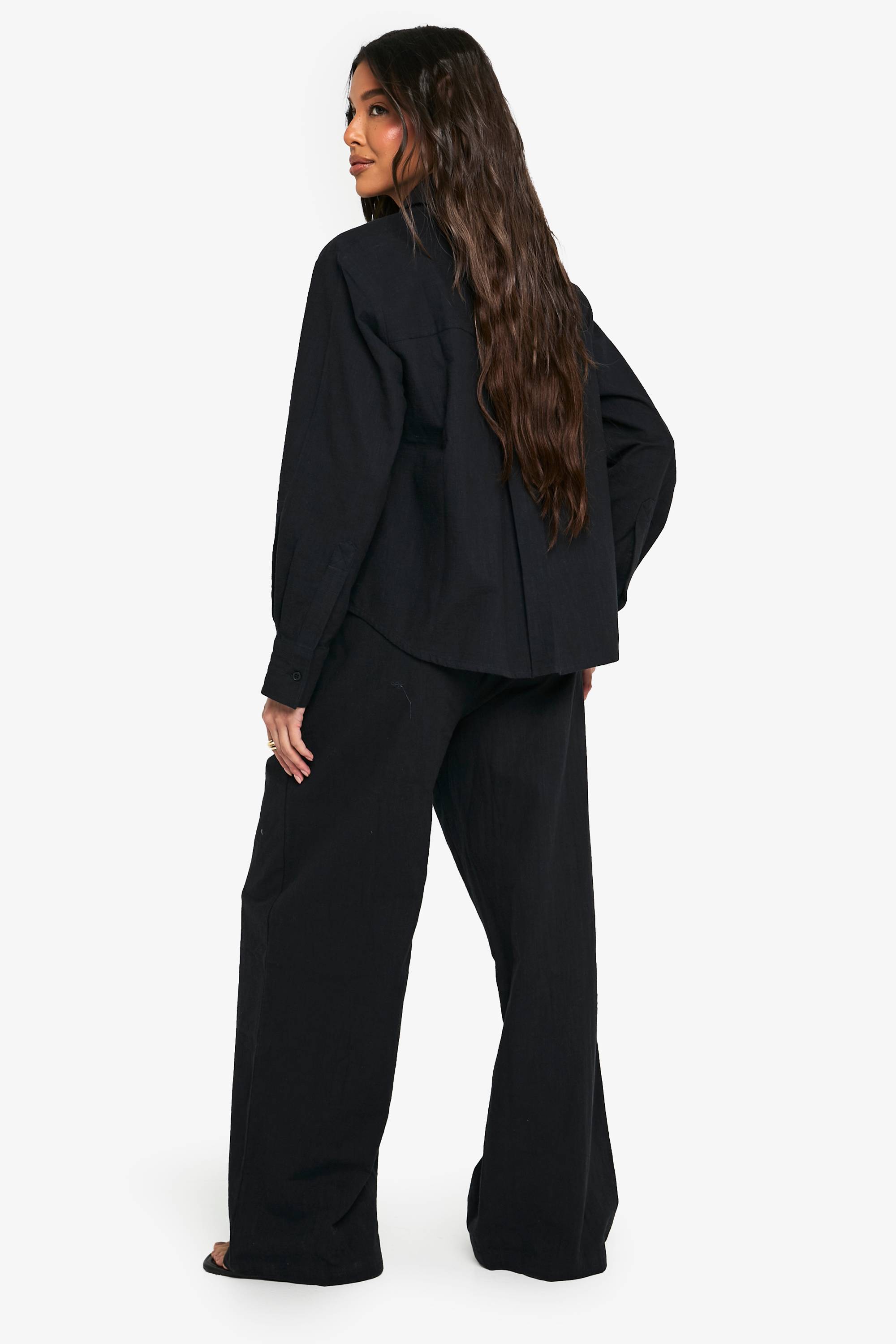 boohoo Pantalon à cordon de serrage style lin à jambes larges
