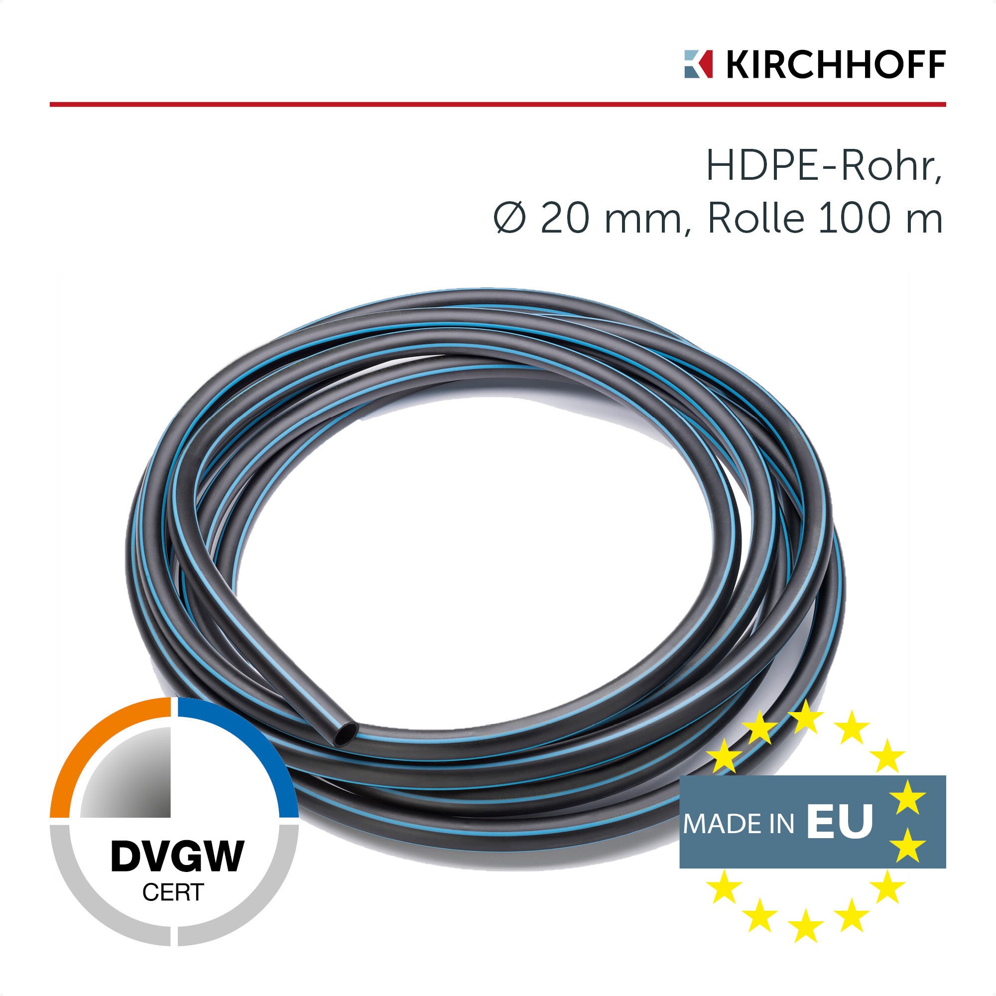 KIRCHHOFF HDPE Rohr 20 mm x 100 m Bewässerungssystem, Kunststoffrohr Gartenbewässerung Made in EU