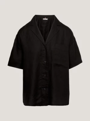 Camisa de linho de manga curta e modelagem relaxada