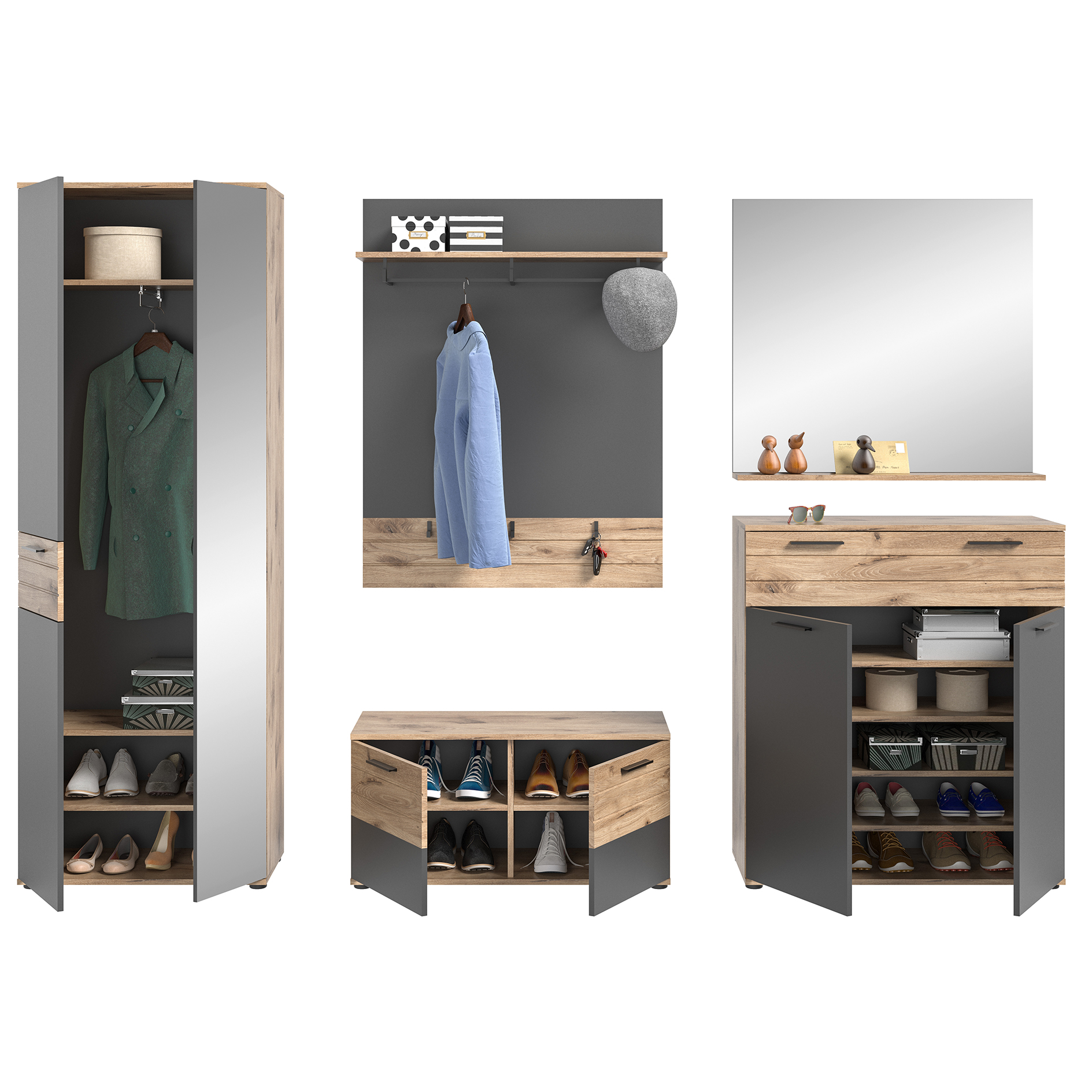 5-teiliges Set Garderobe MASON - Nox Oak-Basalt grau