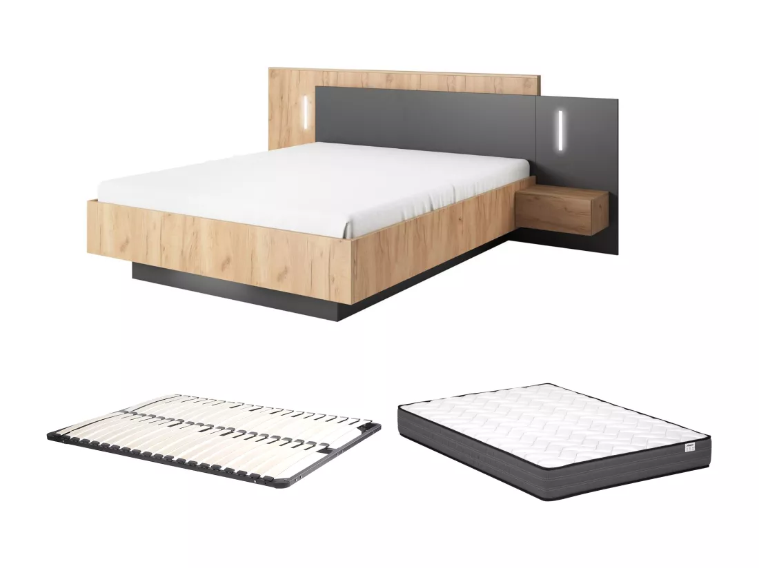 Lit avec chevets 160 x 200 cm - 2 tiroirs - Avec LEDs - Coloris : Naturel et anthracite + Sommier + Matelas - FRANCOLI