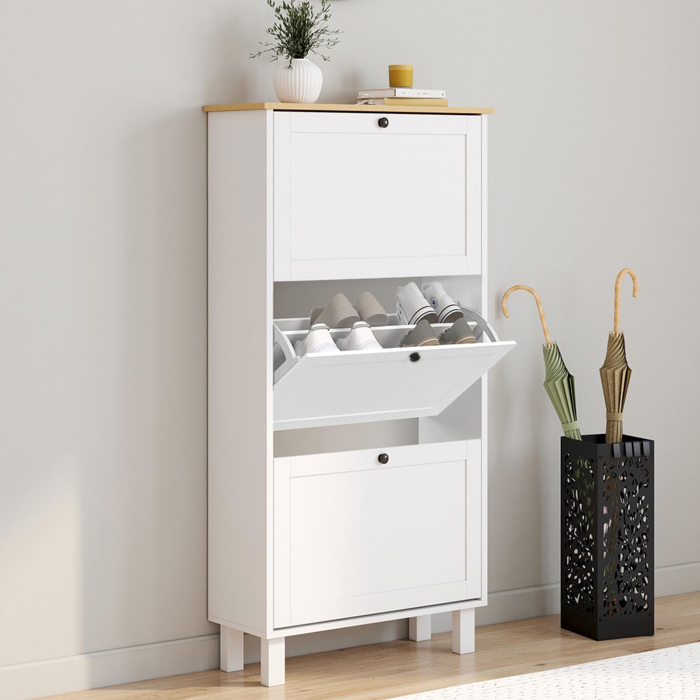 IDMarket - Meuble à Chaussures 18 Paires Achille 3 Portes Blanc et Plateau Bois LK5003926