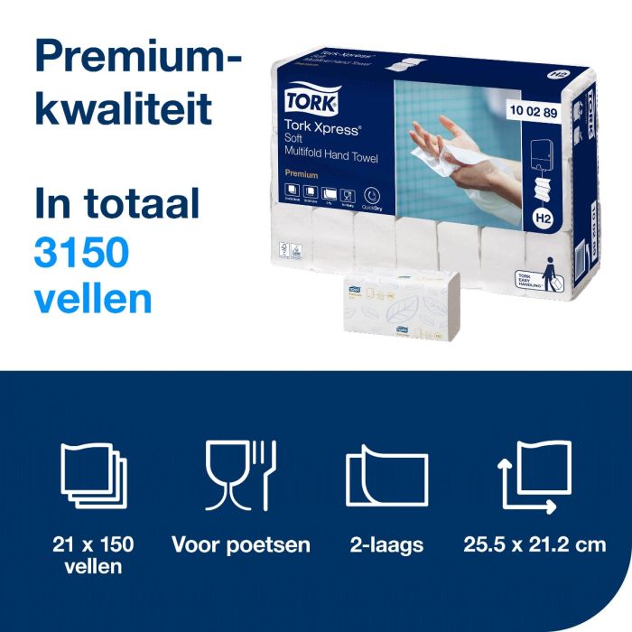 Tork 100289 Premium handdoek multifold i-vouw 2-lgs wit 21x26 cm pak à 3150 stuks (100289)