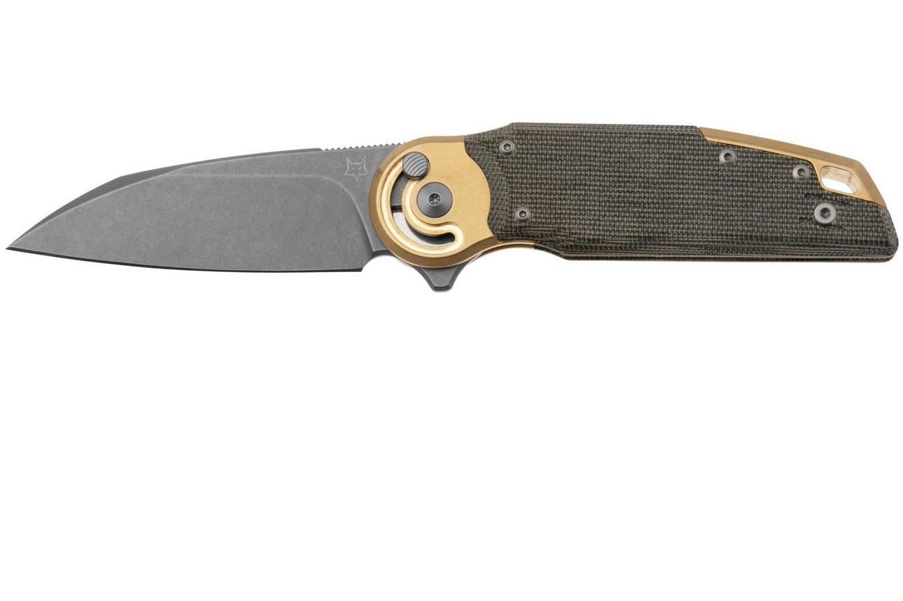 Fox Metamorphosis FX-556-B4 M390 Stonewash Wharncliffe, Green Micarta, Brass bolster zakmes