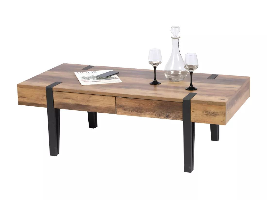 Table Basse LOVY – Bois avec Pieds en Métal, 2 Tiroirs