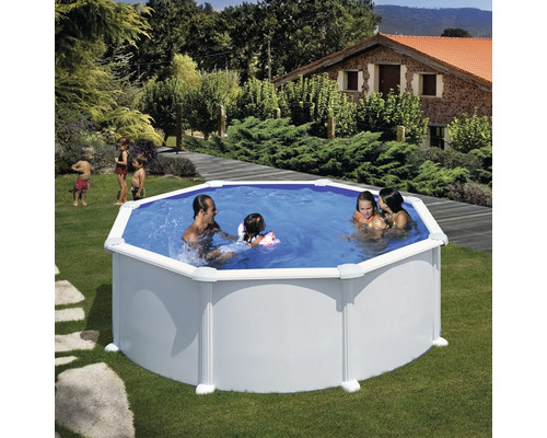 Opzetzwembadset van staalwand Gre rond Ø 370x132 cm incl. zandfiltersysteem, skimmer, trap, filterzand & bodembeschermvlies wit