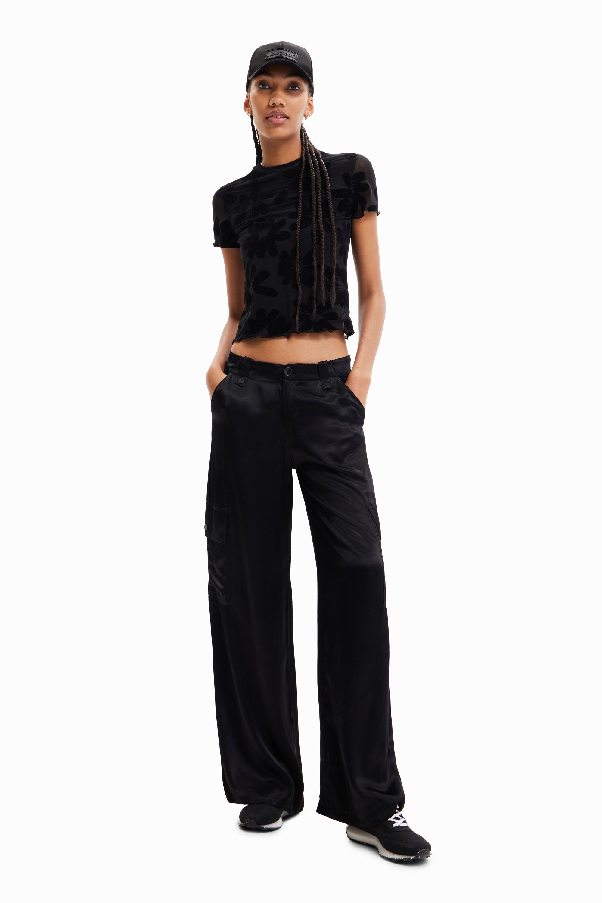 Pantalon cargo wide leg satiné