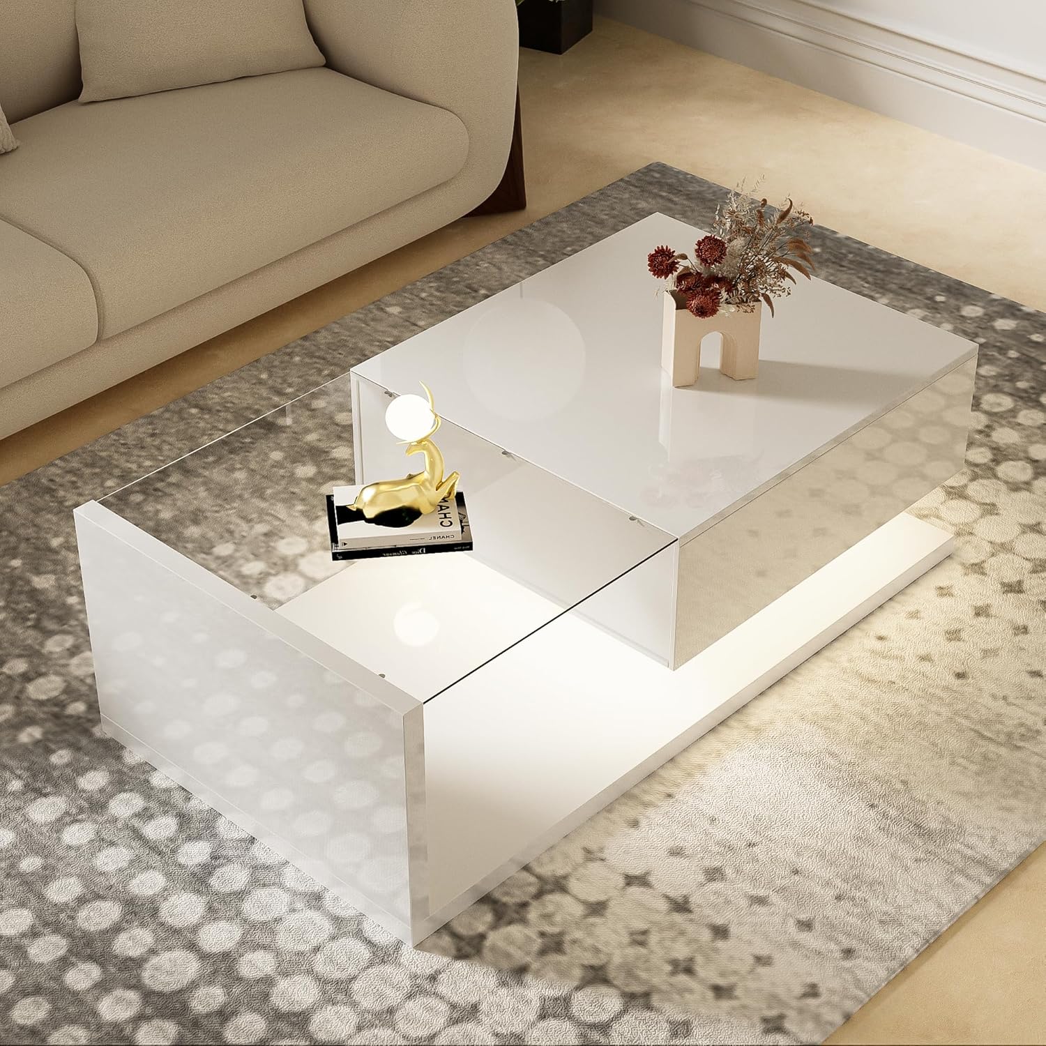 Merax Wohnzimmertisch, LED Couchtisch mit Schubladen, Hochglanz Kaffeetisch mit Stauraum, Modern Coffee Table, 105L x 55B x 32,5H cm, Weiß