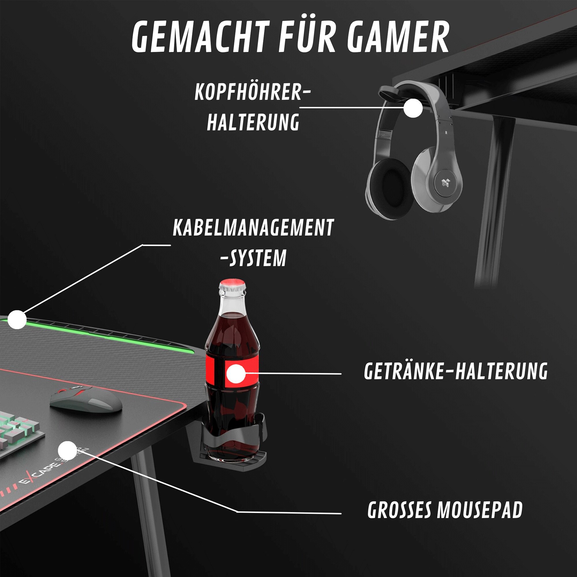 EXCAPE Gaming Tisch A14 mit LED Beleuchtung 140cm (+10cm Extensions) - Beine in A-Form Carbon-Optik, Schreibtisch Gaming-Getränkehalter, Kopfhörerhalte -PC Tisch Gamer Desk, Größe:140cmx60cm