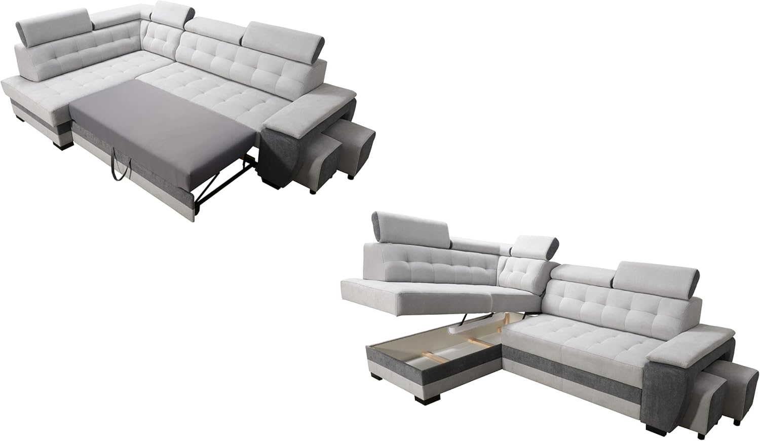 Robin Grand Ecksofa mit Schlaffunktion Bettkasten Kopfstützen Relaxfunktion 2 Hocker Sofa L-Form Schlafsofa Freistehende Eckcouch Schlafcouch Wohnzimmermöbel Wohnlandschaft Links Silver Anthracite