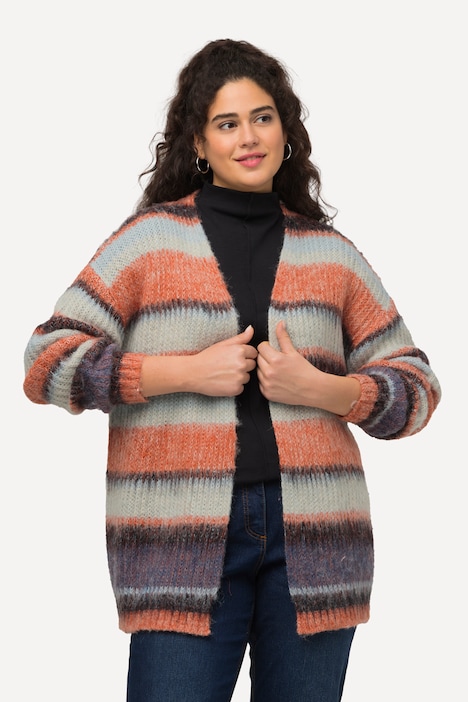 Long-Strickjacke, Ringel, V-Ausschnitt, offene Form