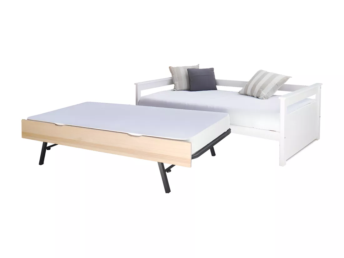Pack lit gigogne avec 2 matelas 80x200 cm bois massif blanc et bois IZAO