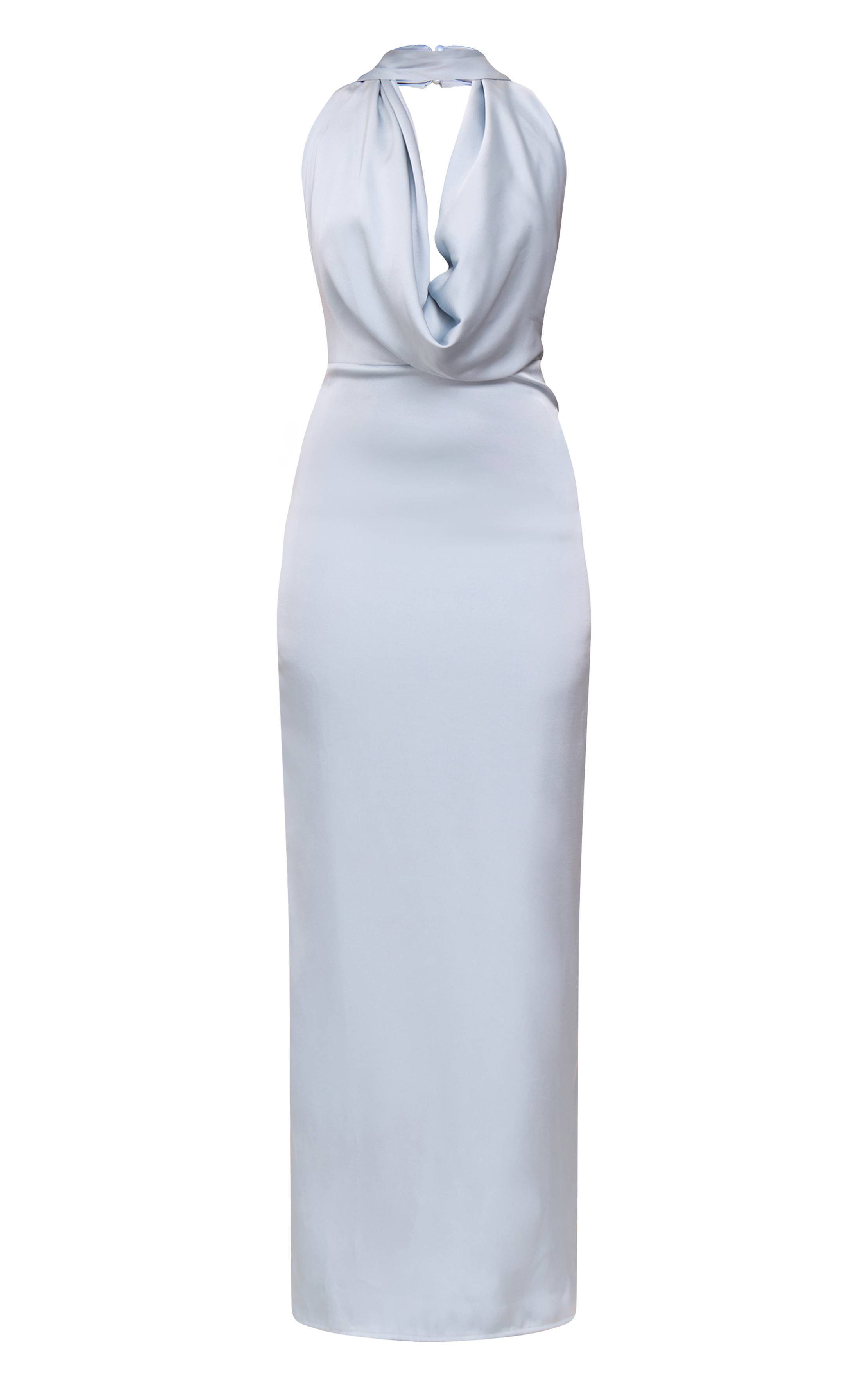 Bleu Layette Robe Longue Drapée En Satin À Col Bénitier