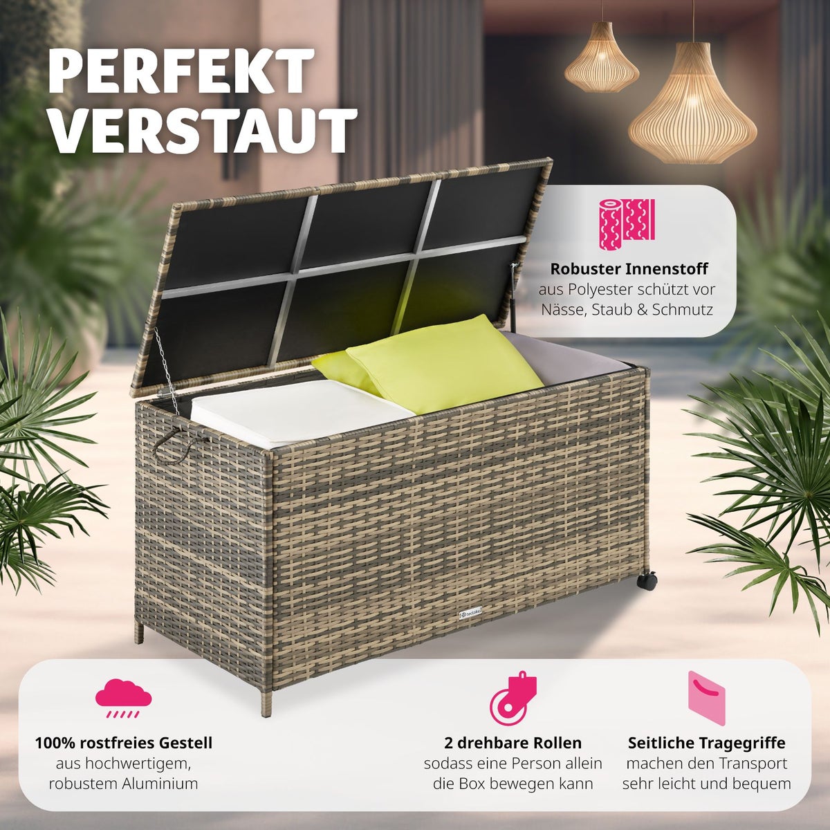 tectake Kuusamo opbergdoos met aluminium frame en rotan vlechtwerk, 117 x 54 x 64 cm