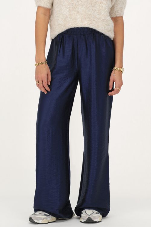 Donkerblauwe wide leg broek met elastieken band