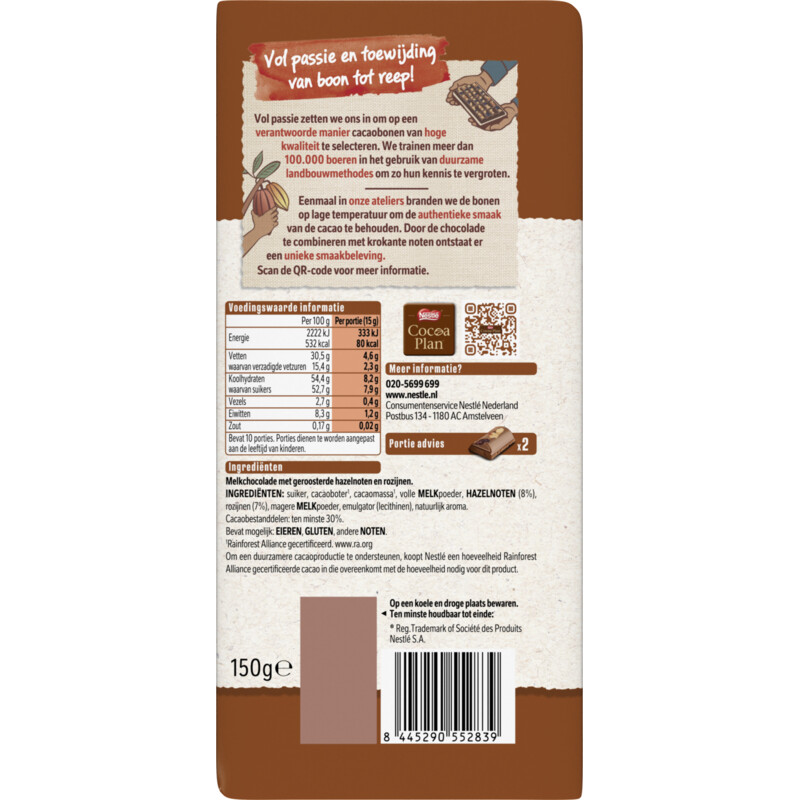 L'Atelier Melkchocoladereep hazelnoot & rozijn