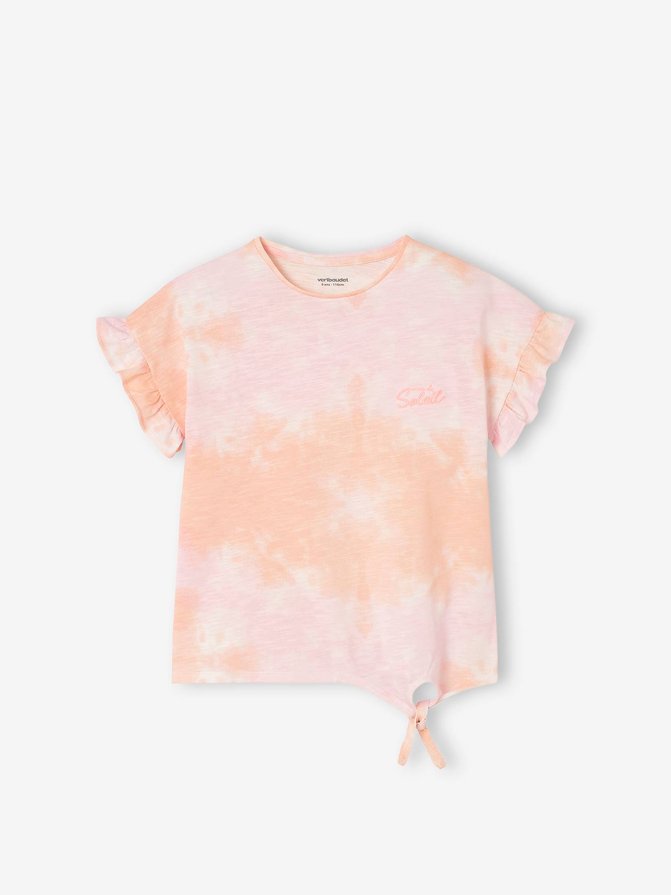 Camiseta de manga curta com efeito degradê e babados, para meninas, rosa claro bicolor/multicolorida.