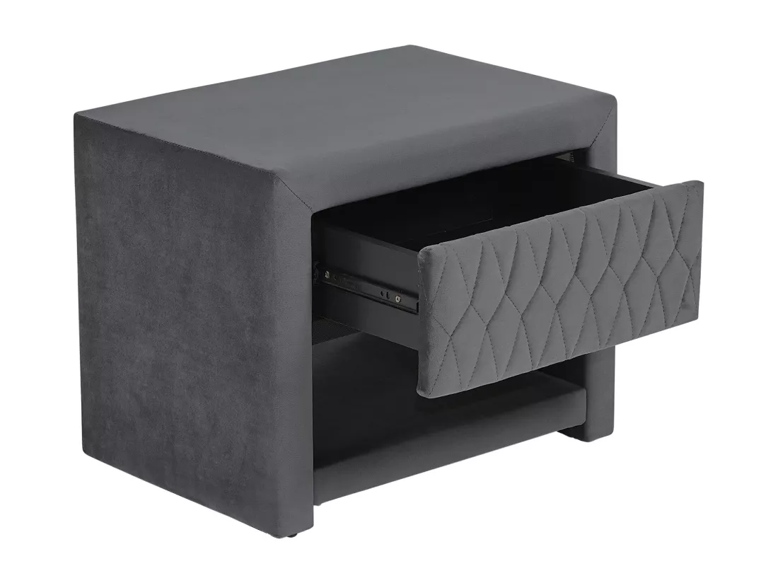 Table de chevet - 1 tiroir et 1 niche - Tissu velours - Gris - DANIELE