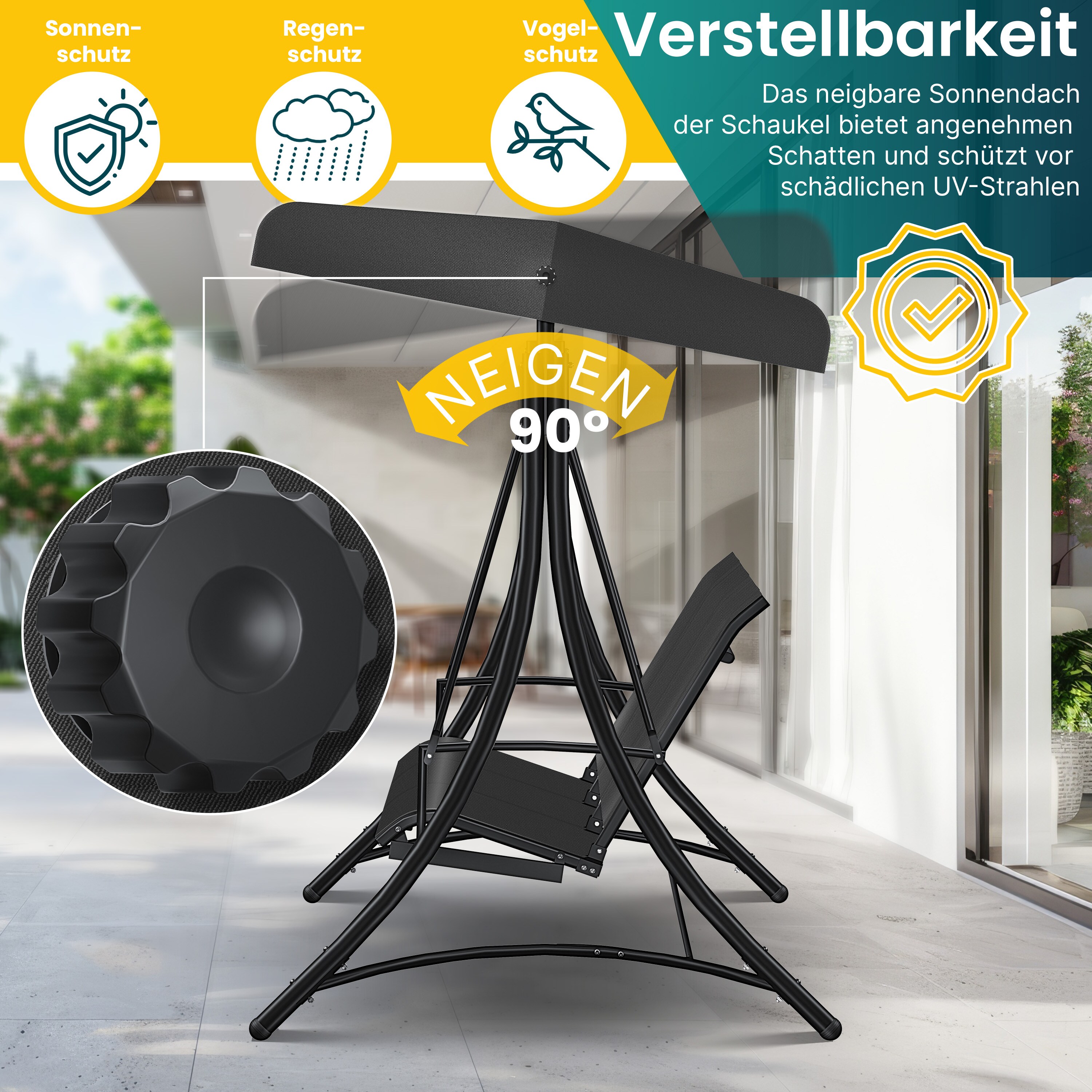 KESSER® Hollywoodschaukel mit Sonnendach 3-Sitzer | Gartenschaukel bis 300kg belastbar | Gartenliege mit Anti-Rutsch-Füßen | Schaukelbank wasserabweisend Outdoor & Indoor Verandaschaukel Stahlrahmen