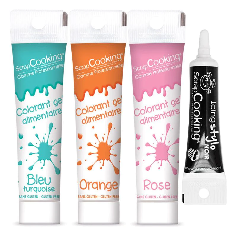 3 colorants alimentaires en gel rose orange turquoise + Stylo glaçage