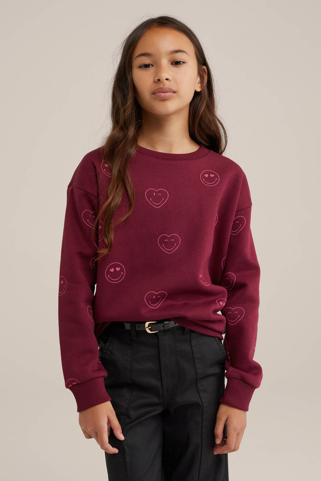 WE Fashion sweater met all over print donkerrood/roze