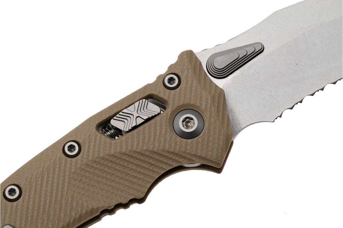 Microtech Amphibian 137RL-11FLGTTA, Stonewashed M390MK, Fluted Tan G10, partial serrated zakmes
