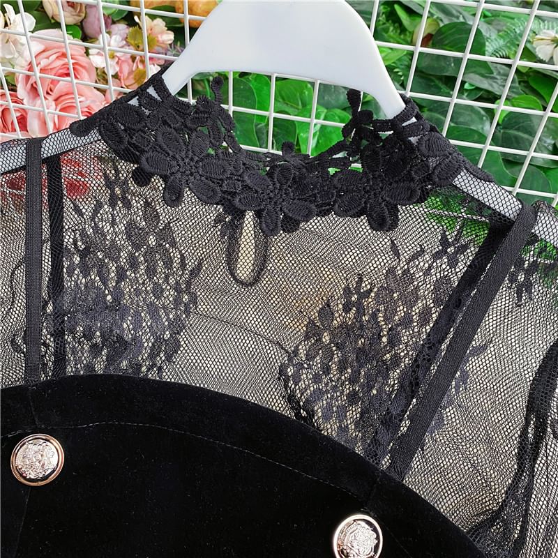 Yearnin - Set: Lange mouwen mesh top + dubbelrijs fluwelen playsuit