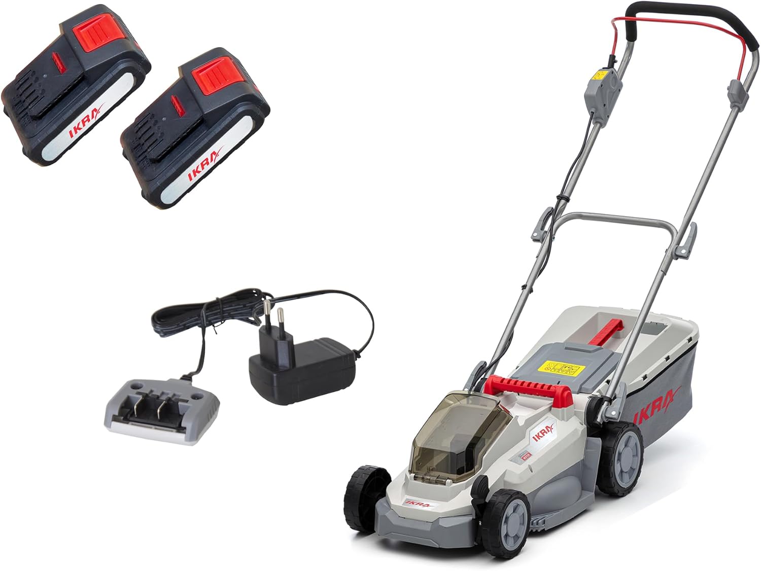 IKRA Akku Rasenmäher Mulchmäher ICM 2033 inkl. Akku, Ersatzakku & Ladegerät, platzsparende Lagerung, Rasenflächen bis 150m²