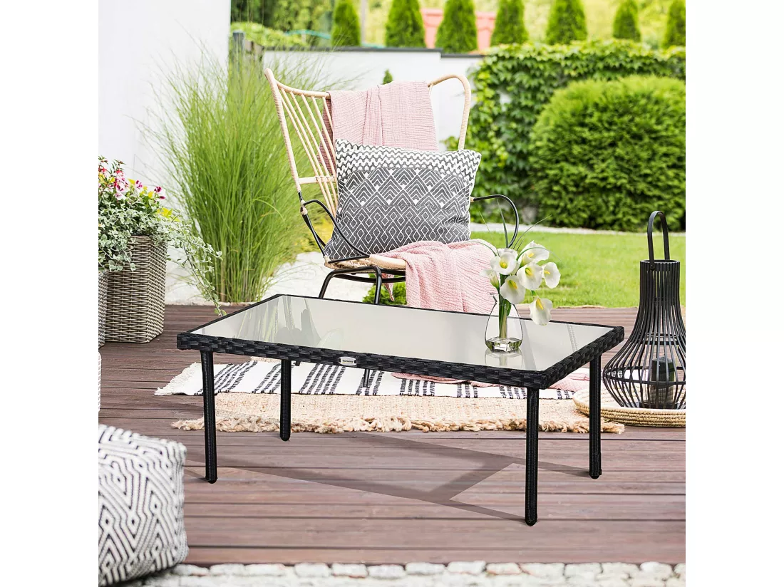 Table basse de jardin plateau verre trempé 5 mm résine tressée imitation rotin noir