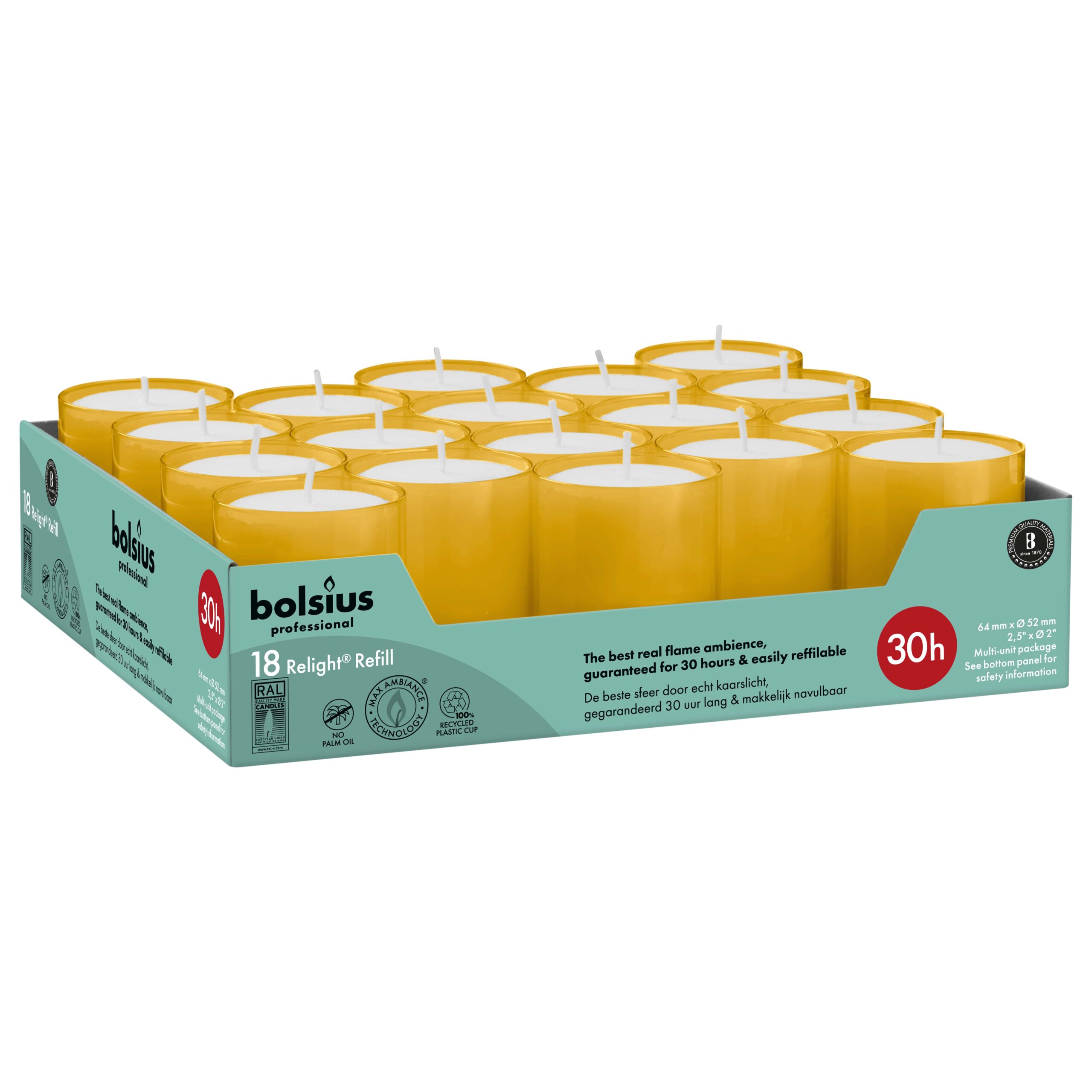 Bolsius Horeca Relight Navullingen 64/52 Amber (18 stuks)