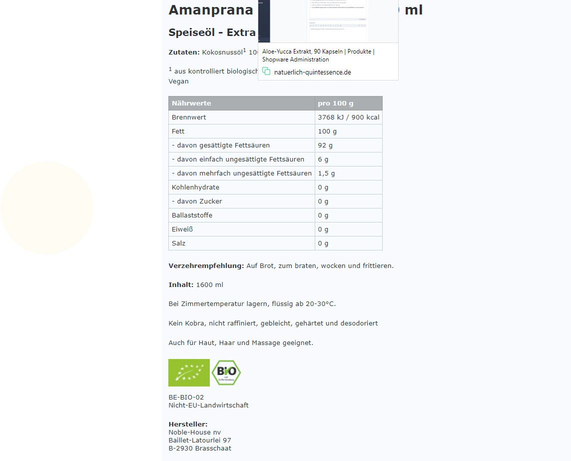 Kokosöl in Bioqualität von Amanprana
