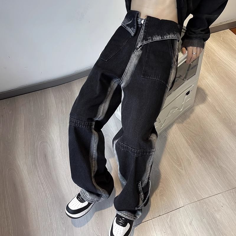 emeisa - Hoge taille tweekleurige wijde pijpen jeans