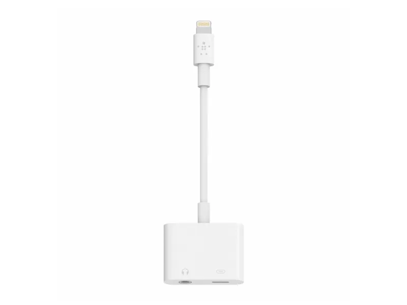 Belkin 3.5 mm Audio   Charge RockStar - Lightning til hovedtelefon-jackstik/opladningsadapter - Lightning (han) til 4-pæl ministik, Lightning (hun) - hvid - for Apple iPad/iPhone (Lightning)