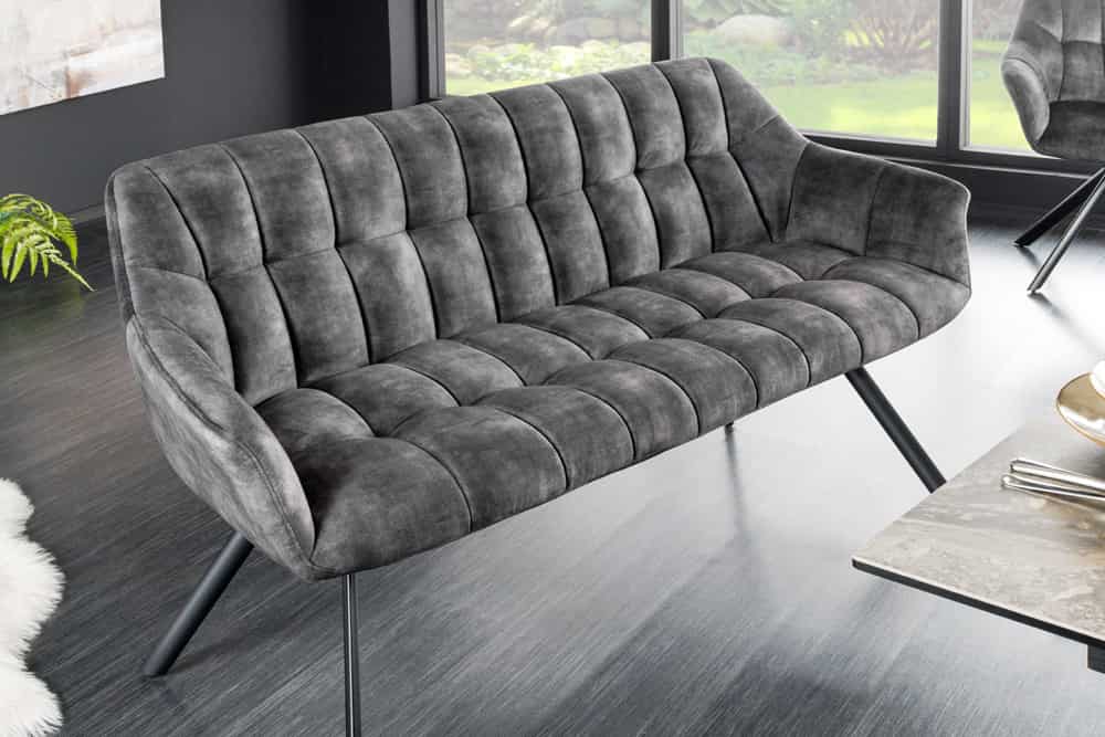 Esszimmer Sitzbank PAPILLON 165cm grau Samt mit Rückenlehne schwarzes Metallgestell