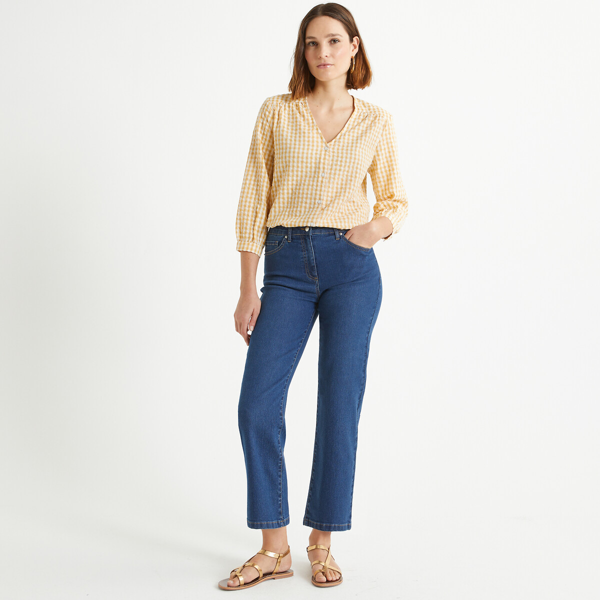 ANNE WEYBURN<br>Camisa com decote em V, estampa xadrez, mangas 3/4