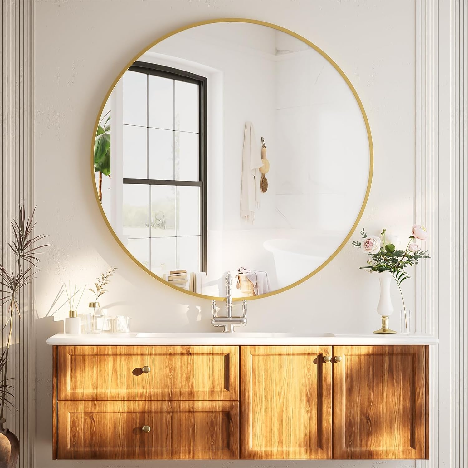BEAUTYPEAK 106 cm Runder Spiegel, Bruchsicherer Wandspiegel mit Aluminiumrahmen, Badezimmer Spiegel zum Aufhängen und Anlehnen, Rund Wandspiegel für Schlafzimmer, Bad, Wohnzimmer Gold