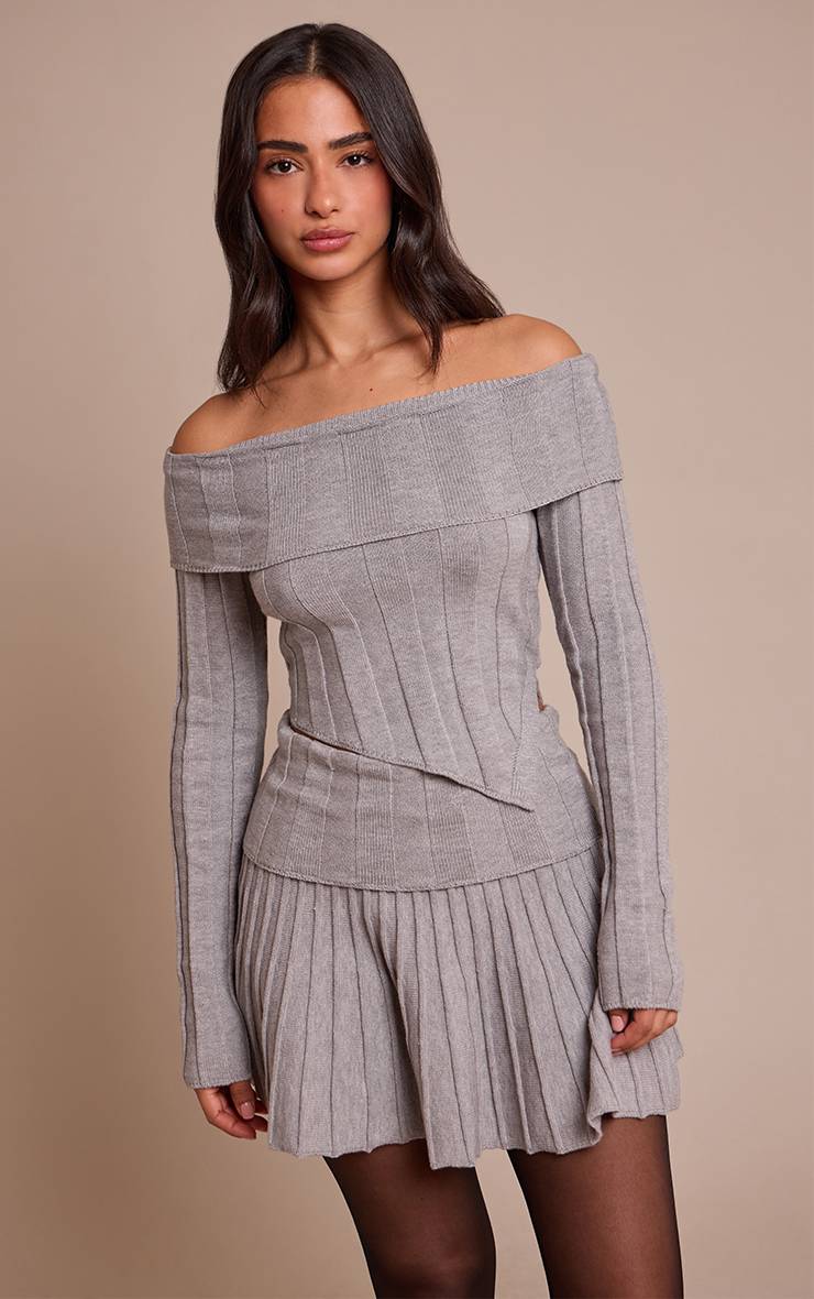 Gris Cendré Haut En Maille Asymétrique À Épaules Dénudées Petite